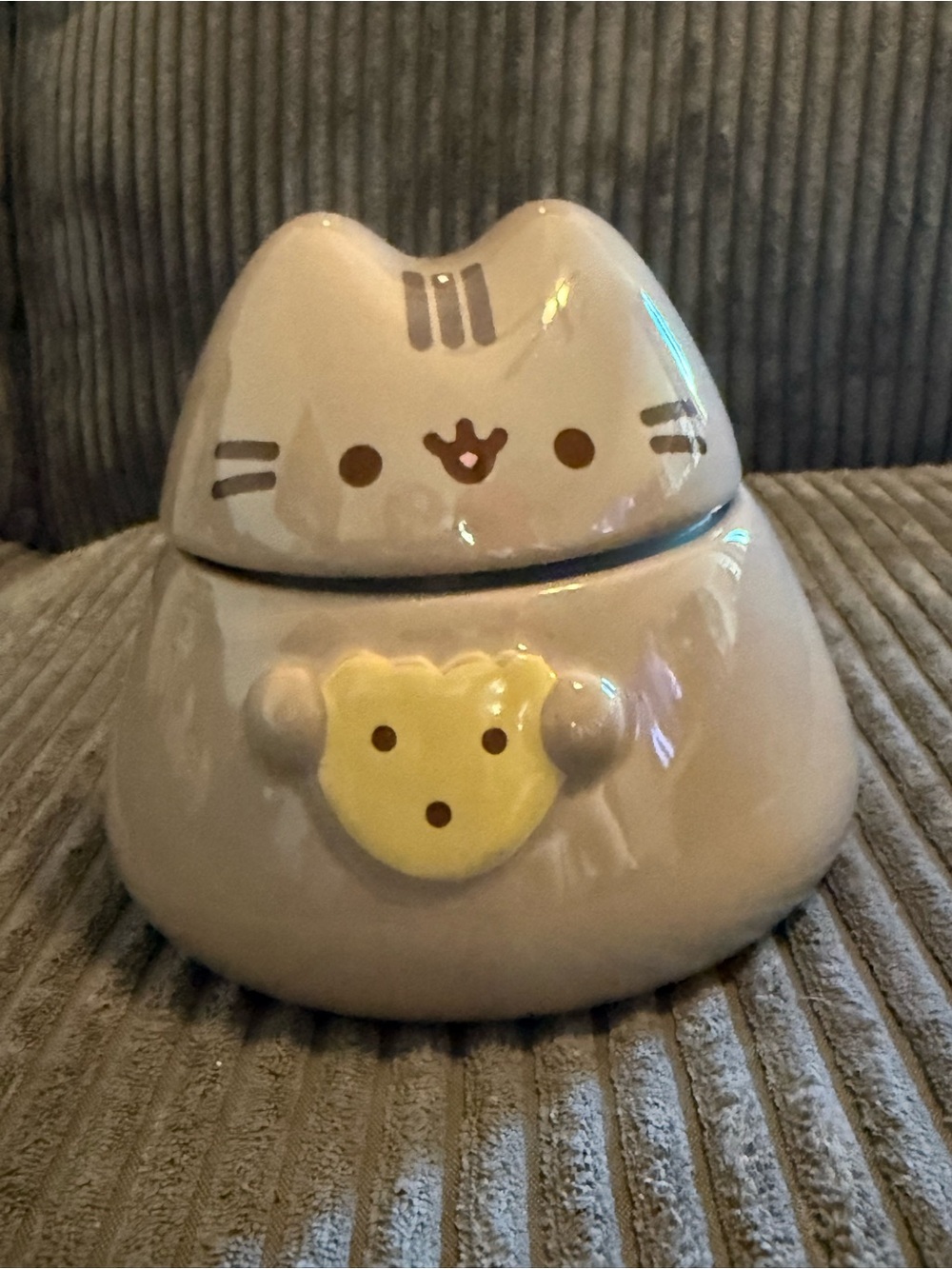 Pusheen Ceramic Cat Treat Jar in Light Gray with Yellow Accent